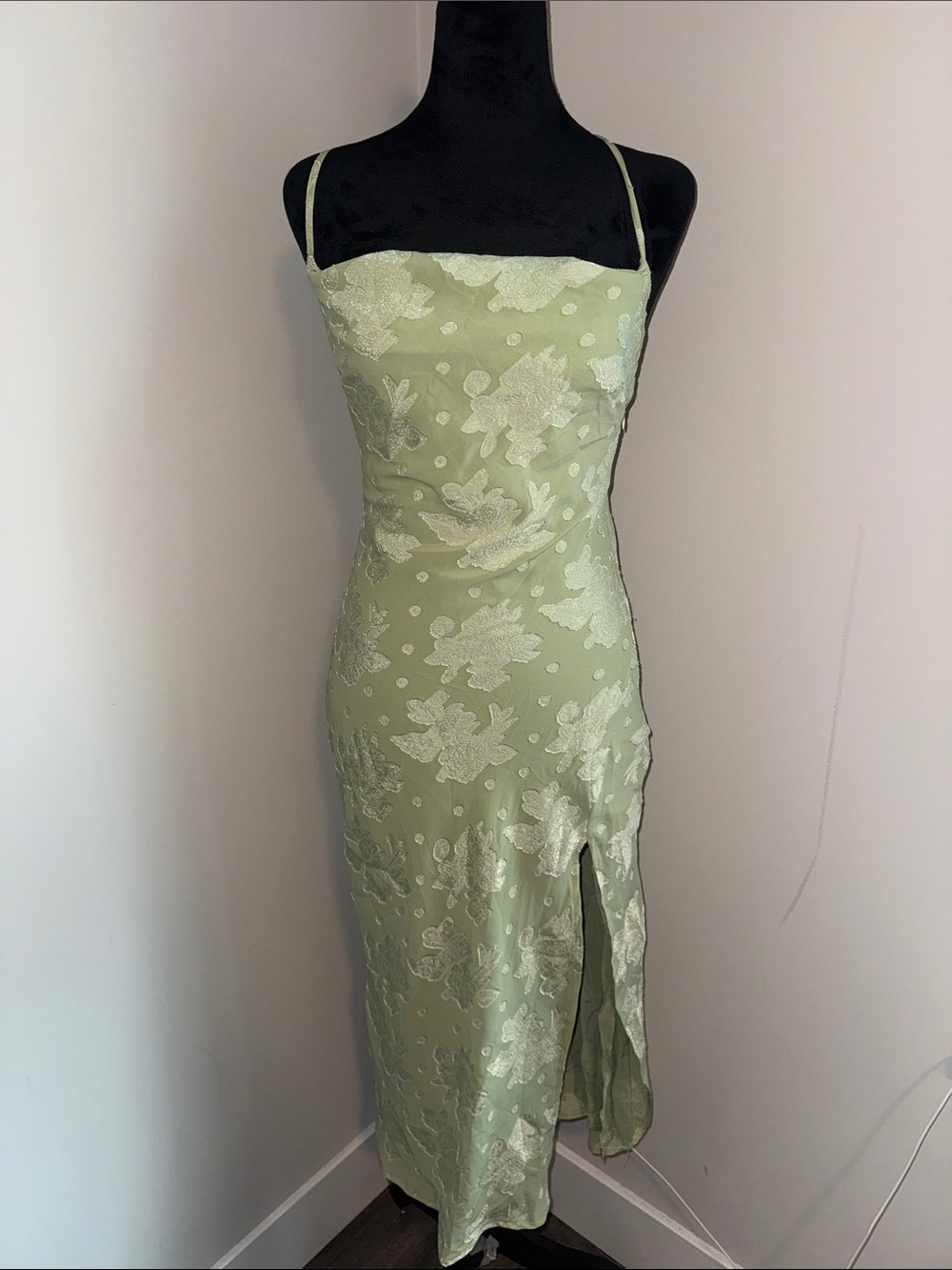 Sage Green Floral Midi Dress with Side Slit
